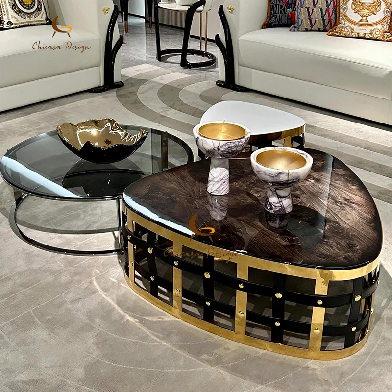 Luxury Stainless Steel Gold Frame Round Coffee Table Modern Marble Top Coffee Table