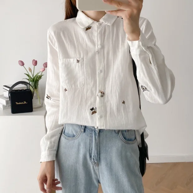 New Autumn Cotton Long Sleeve Shirts, Women Polo Collar Cat Embroidery Top, Mori Girl Casual OL Loose Blouses, Winter T48741QM