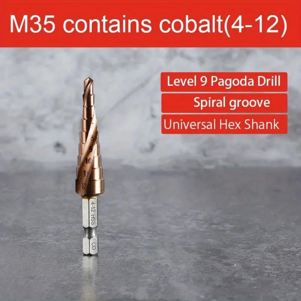 M35 Kobalt-Stufenbohrer, konisch, 4–12/4–20/4–32 mm, HSS-CO Spiralnut-Bit, Loch, offene Säge, Spiralnut, Sechskantschaft, Metallbohrer – Detail 1
