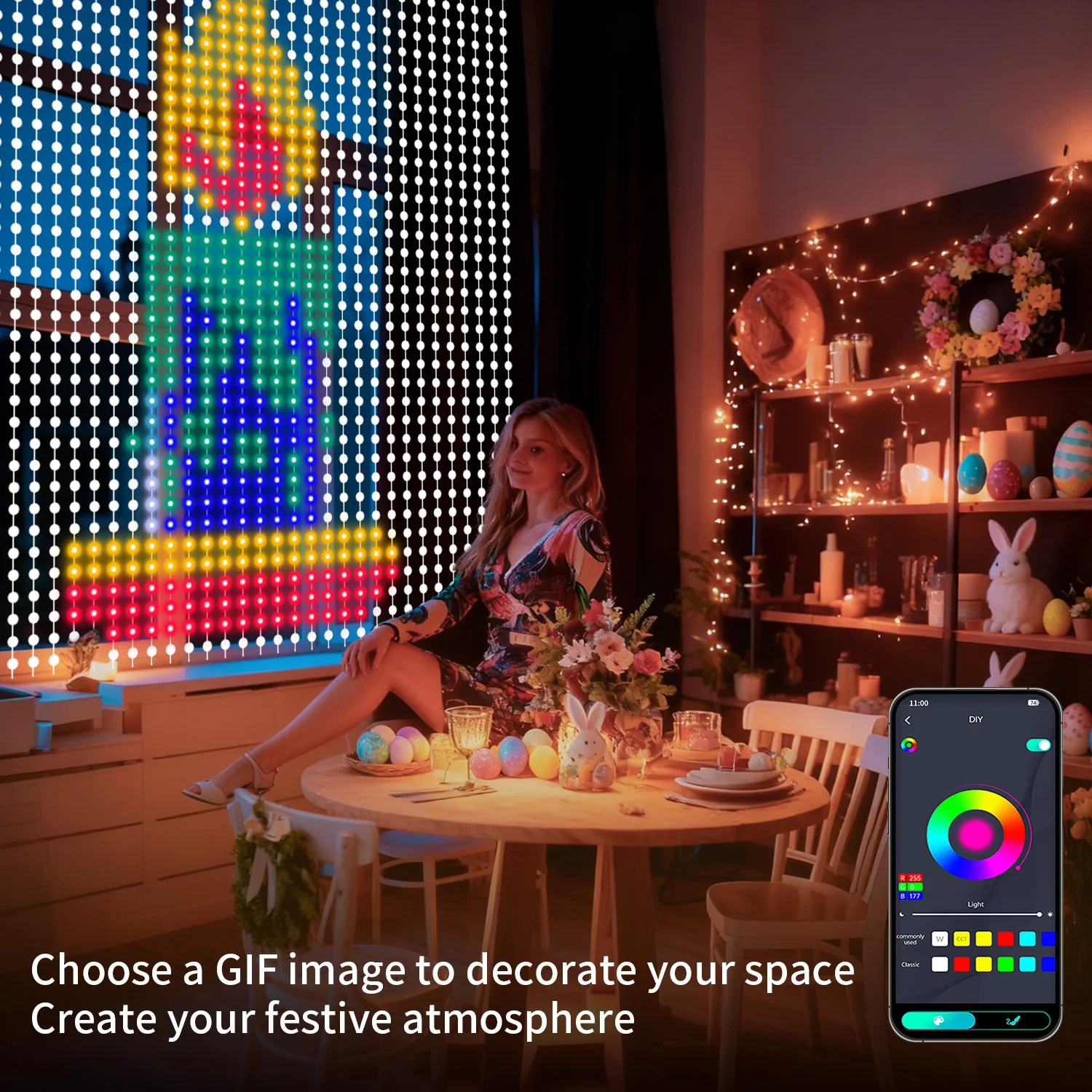 

Интеллектуальная RGB-гирлянда для штор, 400 светодиодов, синхронизация с текстом/музыкой, подарок-сюрприз, декор для спальни, террасы, сада.