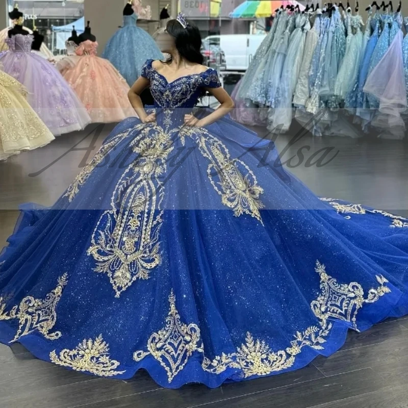 Personalizado mexicano azul doce 15 16 menina quinceanera vestidos fora do ombro rendas apliques inchado feminino baile de formatura festa de aniversário ocasião