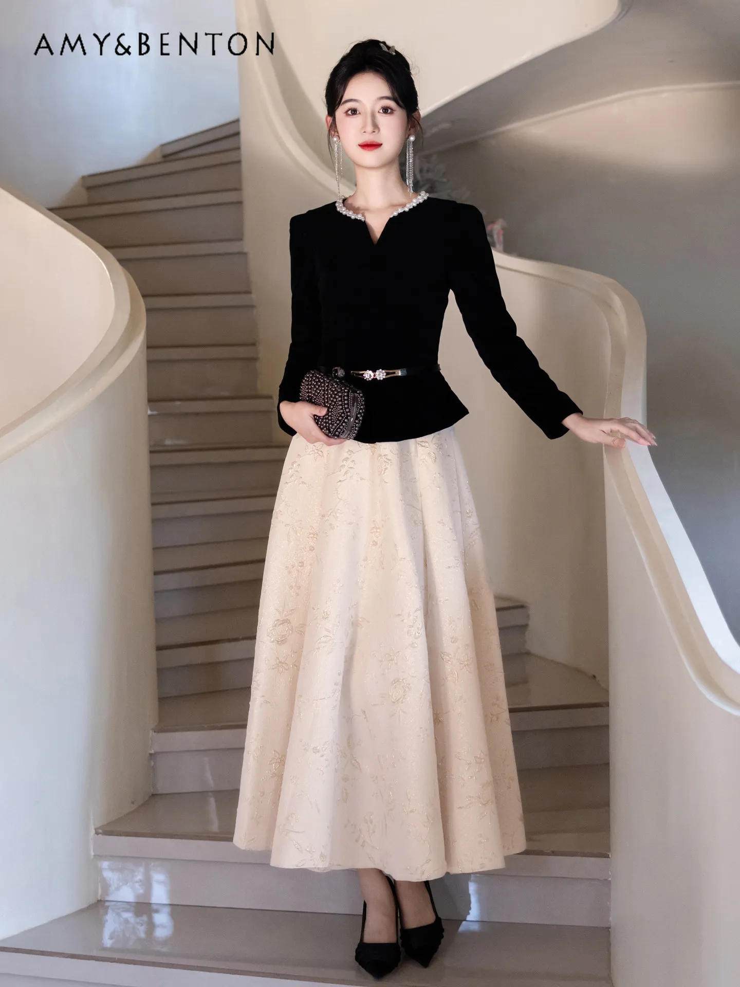 

Женское элегантное черное длинное платье с длинными рукавами, облегающее, с завышенной талией, жаккардовое, для торжественных мероприятий, дней рождения, банкетов и повседневной носки