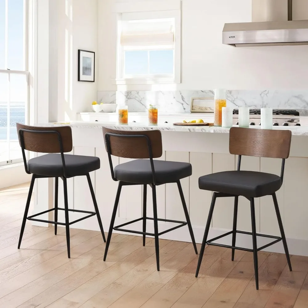 

Counter Height Swivel Bar Stools Set of 3, Upholstered Faux Leather Barstools with Wood Backs and Metal Legs, 26" Seat Height