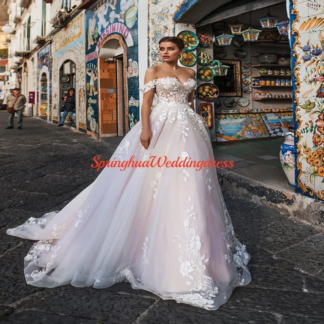 

Customized Illusion Wedding Dresses Tulle with Lace Appliques Sexy Off the Shoulder A-line Dress vestido de noiva