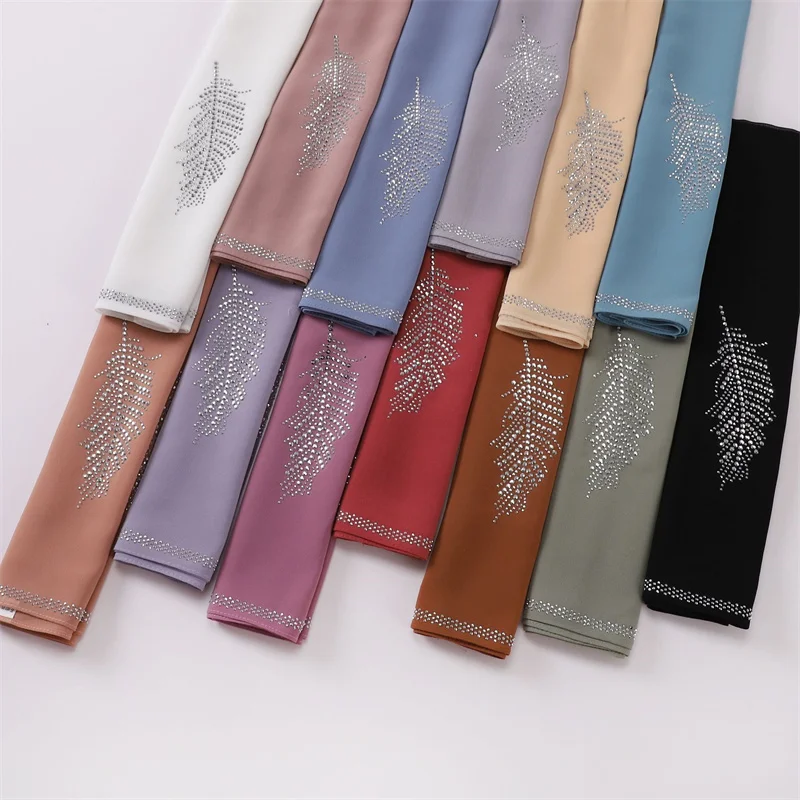 90*90Cm Luxury Rhinestone Feather Square Bubble Chiffon Instant Hijab Shawl Lady High Quality Wrap Bufandas Ramadan Muslim Sjaal