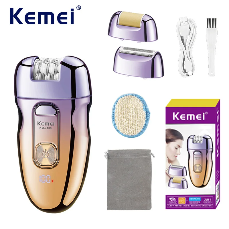 

Kemei KM-7103 Многофункциональный женский аппарат для удаления волос 3-в-1 для подмышек, ног, линии бикини, перезаряжаемый через USB, легкий портативный.