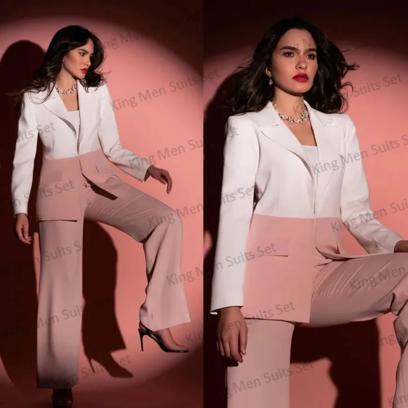 Splicing Kleur Vrouwen Broek Pak Set Blazer 2 Stuks Jasje Wit En Roze Formele Kantoor Dame Jas Op Maat Gemaakte Prom Kostuums