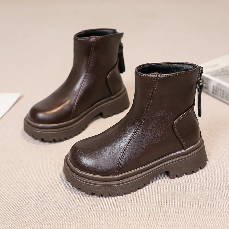 Little Girls Chunky Leather Boots 2026 New Winter Kids Thermal Ankle Boots Non-slip Simple Classic Princess Girls Party Boots
