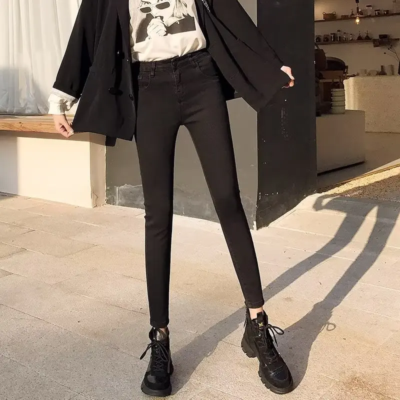 High Waist Nine-Tenths Denim Jeans Women's Student Tight Fit Bootcut Pants Grey Smoke Cotton Stretch Denim Spring Autumn