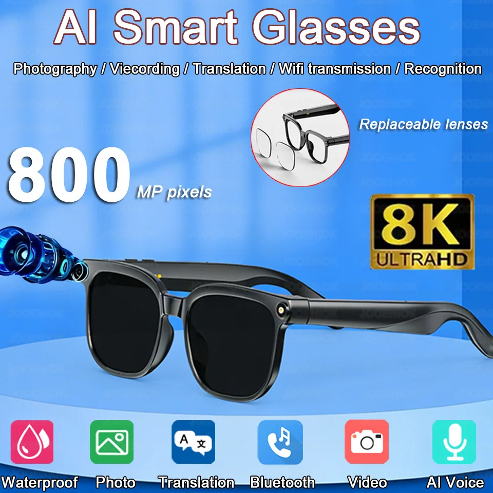 

New 800W Camera AI Glasses Men Video Recording Call Translation Voice Assistant Music 4K Resolution Smart Glasses Replacable Len