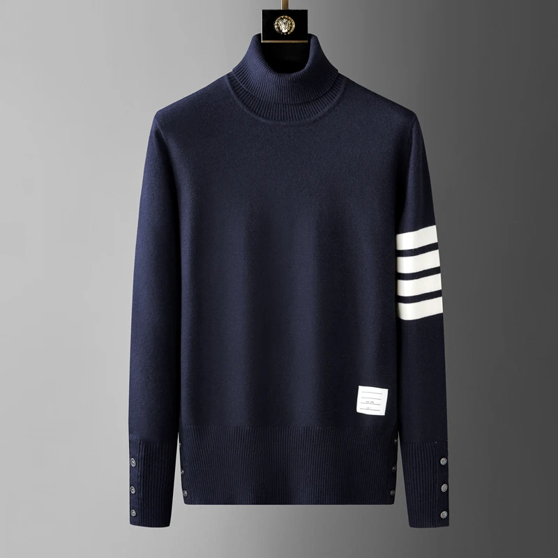 High end brand sweater men's high neck autumn and winter designer new classic four stripe trendy Korean casual knitted pullover