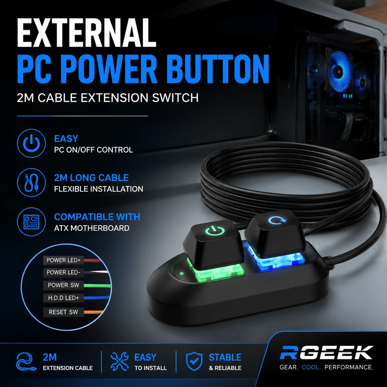 External PC Power Button Switch 2M Cable Desktop Computer ON OFF Reset Switch Power SW Extension for ATX Motherboard DIY PC Case
