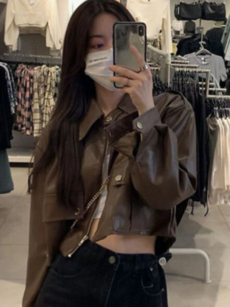 Autumn Brown Cropped Leather Jacket Women Korean Fashion Thin Loose Biker Coat Female 2022 Winter Warm Outerwear Casual Chic Top