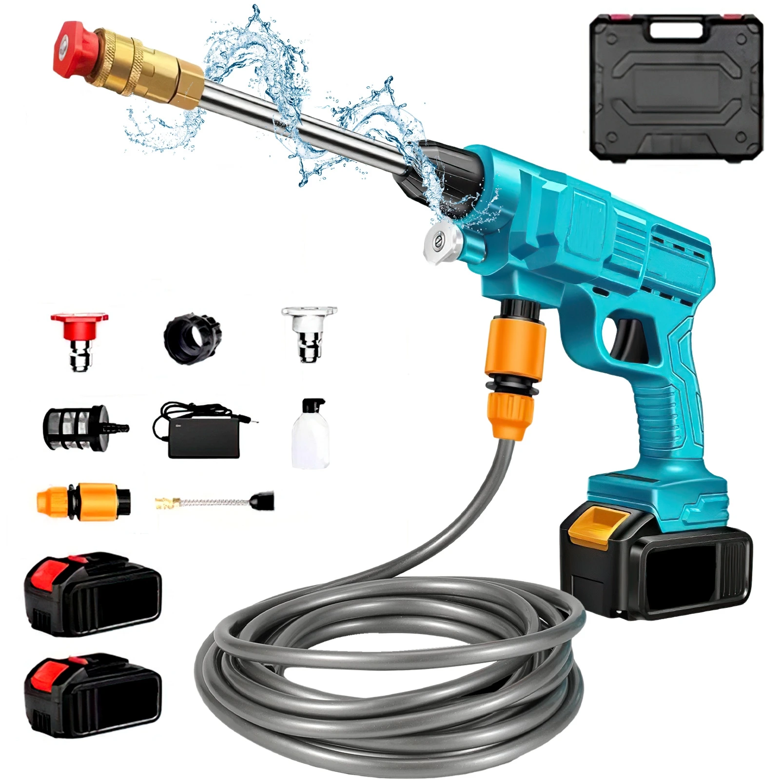 Nettoyeur haute pression sans fil 21V 300W 30Bar, pistolet de lavage de voiture portable haute pression compatible avec batterie Makita, pour le nettoyage de voitures, de jardins, de patios, de vélos, de maisons, de surfaces extérieures, outil de pulvérisation à jet d'eau