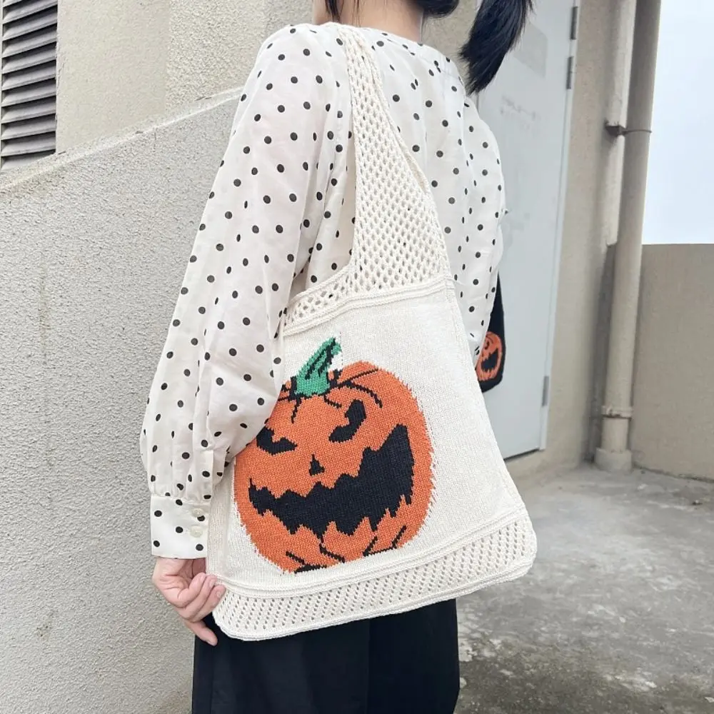 

Letter Halloween Spider Knitted Tote Bag Stripe Storage Bag Halloween Mesh Shoulder Bag Large Capacity Travel Bag