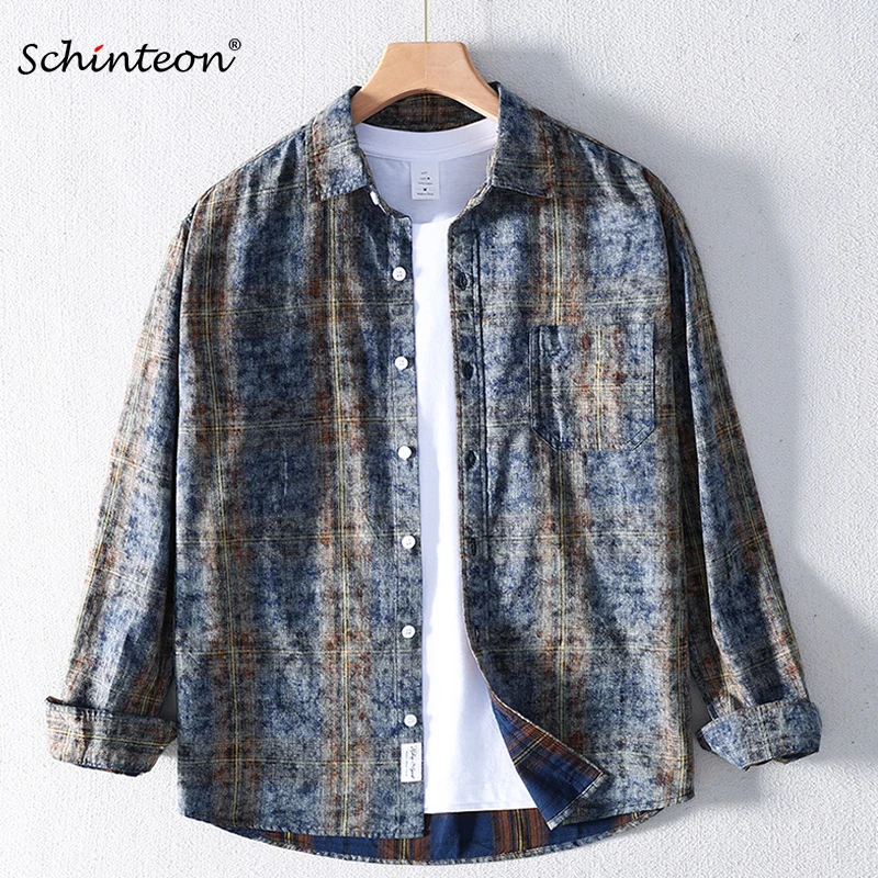 

Schinteon Мужская рубашка из 100% чистого хлопка с отложным воротником и длинными рукавами, высокое качество, весна-лето, винтажная клетчатая повседневная рубашка 2024, новинка
