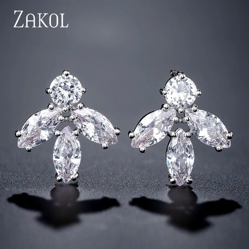 ZAKOL Fashion Leaf Female Cubic Zircon Stud Earrings for Women Girl Bridal Wedding Active Dangle Style Gifts EP2497