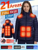 [Chaqueta calefactora inteligente para mujer] Zona calefactora 21/15/9/2, 4 interruptores, 3 opciones de temperatura, para actividades en invierno en interiores y exteriores