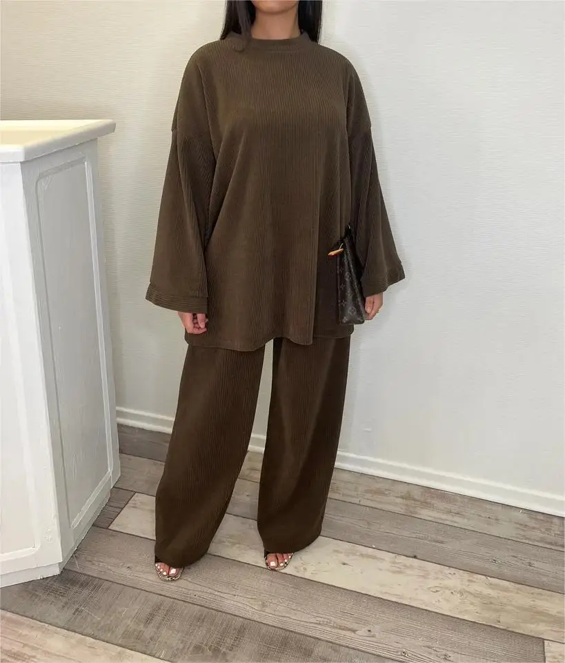 Elegant Female Commuting Clothing Fashion Solid Corduroy Set Loose Long Sleeve Pullover Top Wide Legs Trousers 2 Piece Set