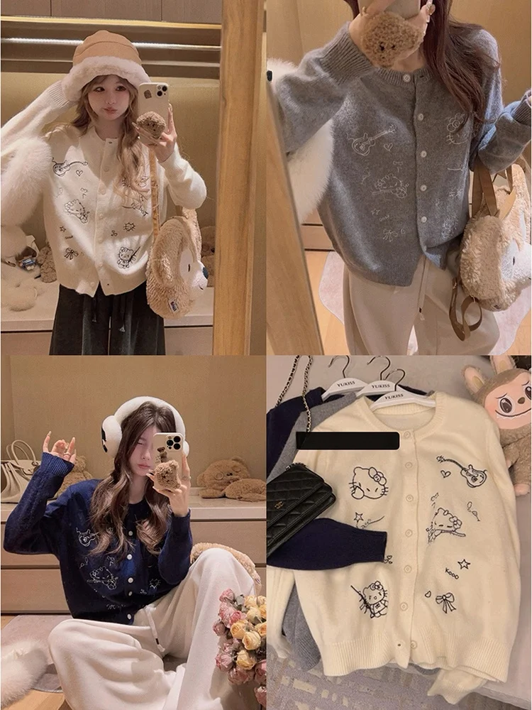 

Вязаный кардиган Yukiss Bear из шерсти с вышивкой, длинный рукав, V-образный вырез, женский, повседневный, осенний, модный, вязаный свитер