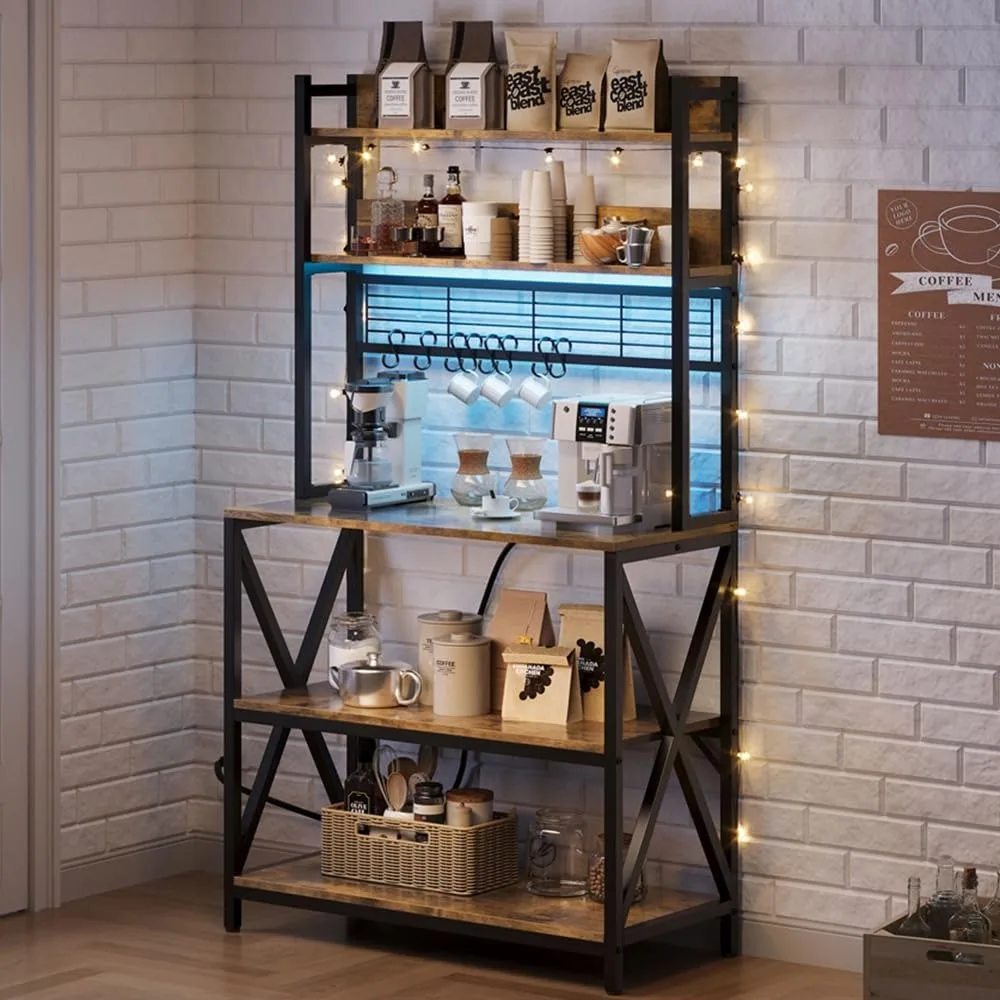

Kitchen Bakers Rack with Power Outlet & LED Lights, 5 Tiers Coffee Bar Table with 8 S Hooks, 64 Inches Tall, Customized