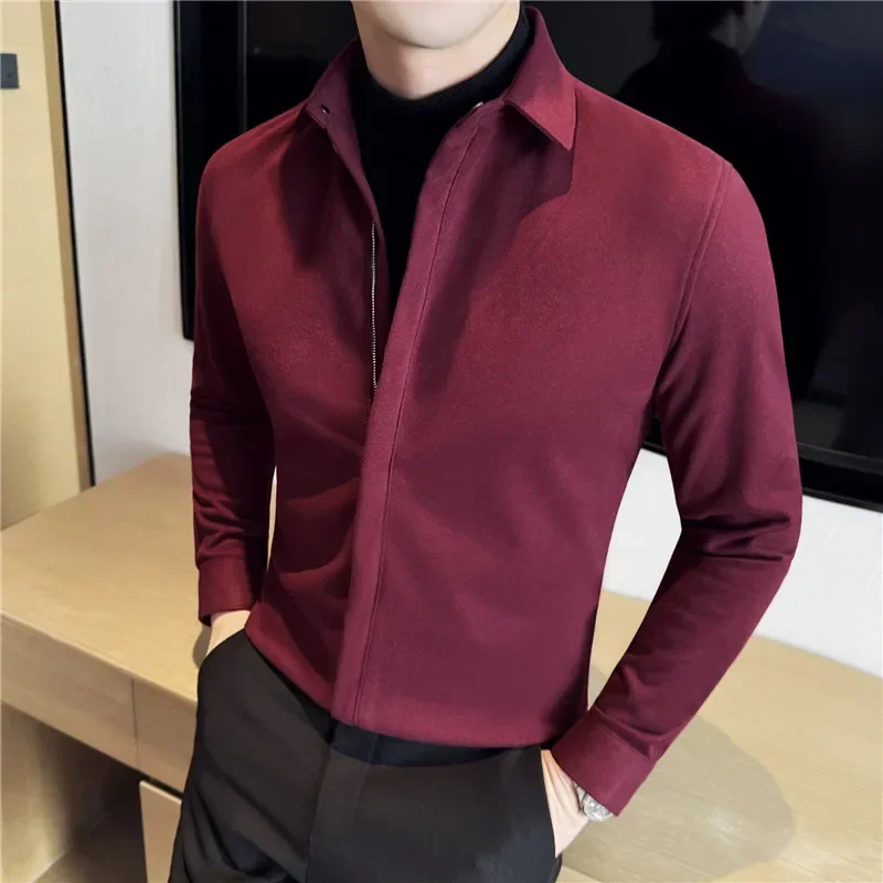 

Autumn Winter New Fake 2 Pieces Zip UP Woolen Shirts Men Thicken Warm Long Sleeve Slim Casual Shirt Formal Social Men's Clothing