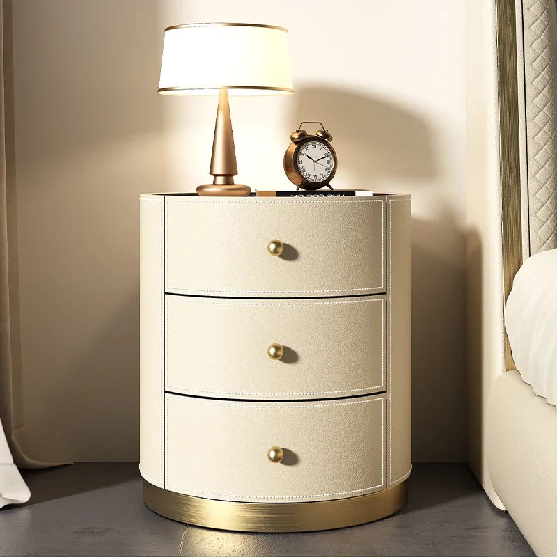 Bedside table Saddle leather Light luxury High sense Modern simple round small bedroom Storage side cabinet