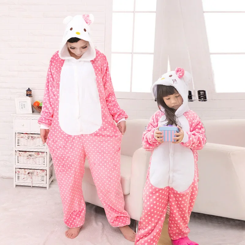 Hello Kitty Kigurumi Onesie Adult Children Unisex Winter Pajama Cute Anime Women Girls Winter Flannel Pajama Set Nightdress Gift