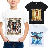 Italian Brainrot Animals Kids T-shirt Cappuccino Assassino Short Sleeve Tops for Kids Funny Meme Cute Tee Summer Clothing