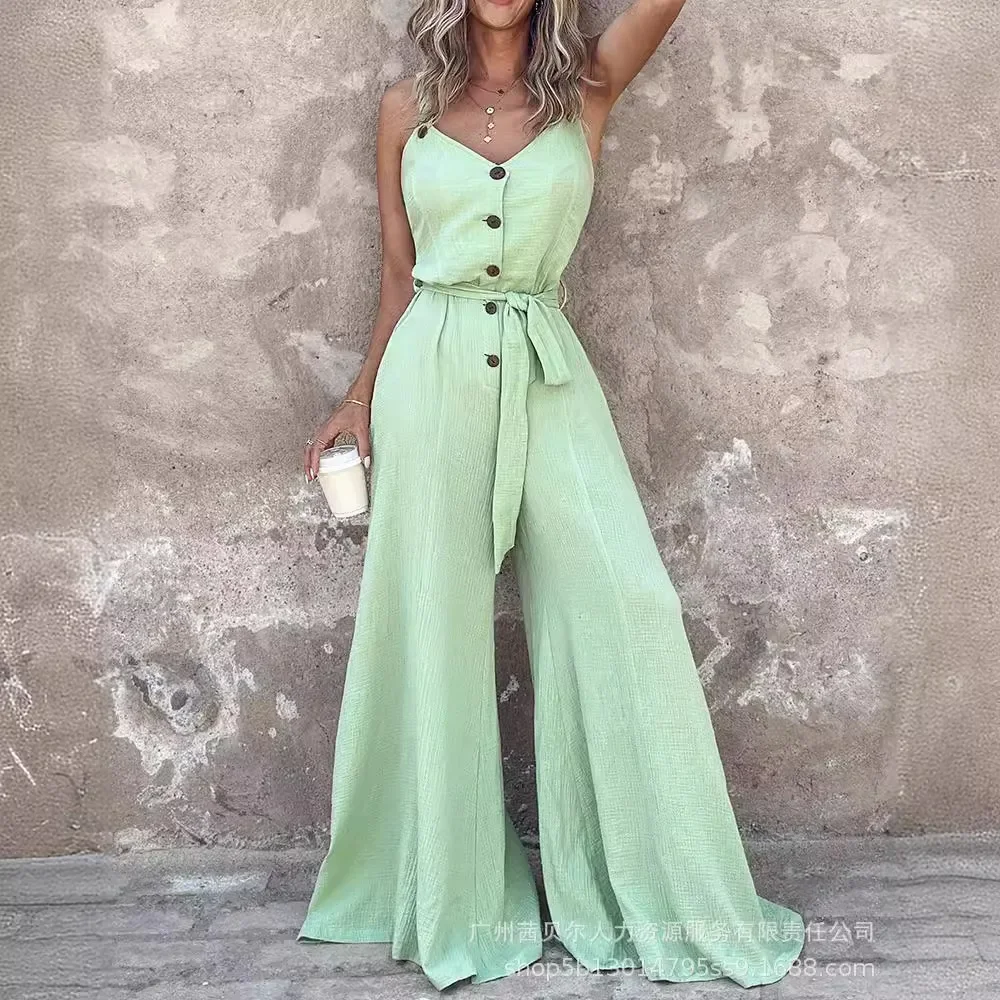 

Buttoned Sleeveless Tied Detail Jumpsuit Women High Waist V Neck Loose Wide Leg Pants Jumpsuits Playsuits