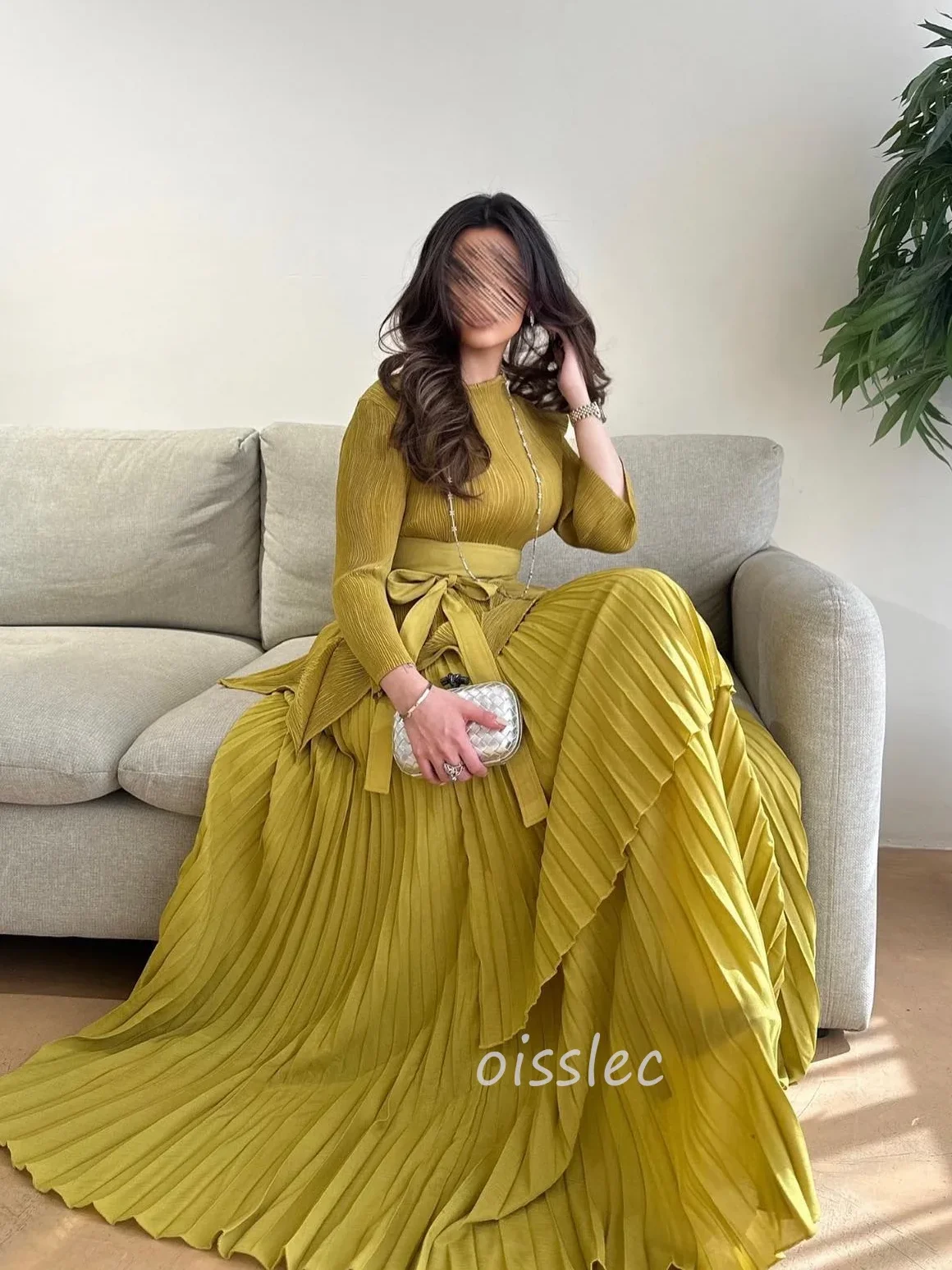 Oisslec Chiffion Evening Dress Long Sleeves Ruffled Formal Occasion Gown Belt Bow Prom Dress For Ramadan 2024 vestidos de noche