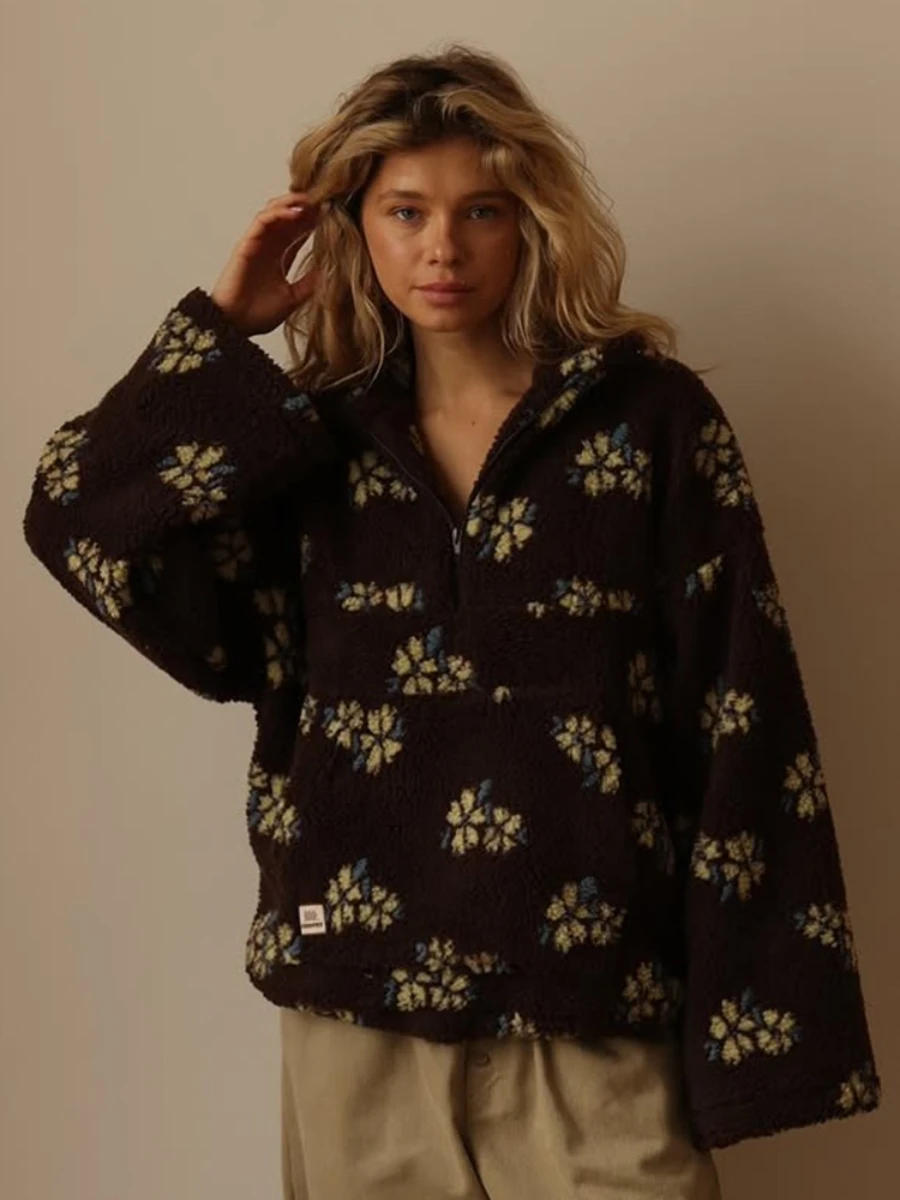 TWOTWINSTYLE Flower Loose Fleece Sweatshirt for Women Lapel Long Sleeve Spliced Zipper Warm Pullovers Female 2025 Autumn Style