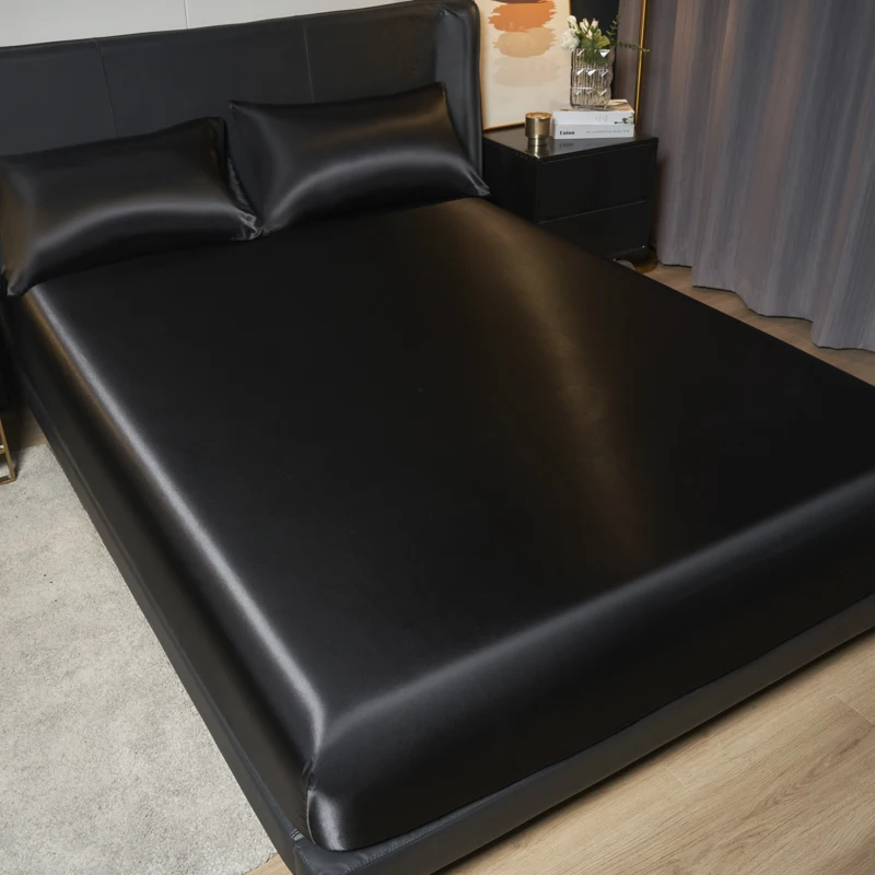 1/3Pc Satin Fitted Sheet Solid Colour Single Twin Full Queen King Ice Silk Mattress Cover Natural With Elastic Band Bed Sheet