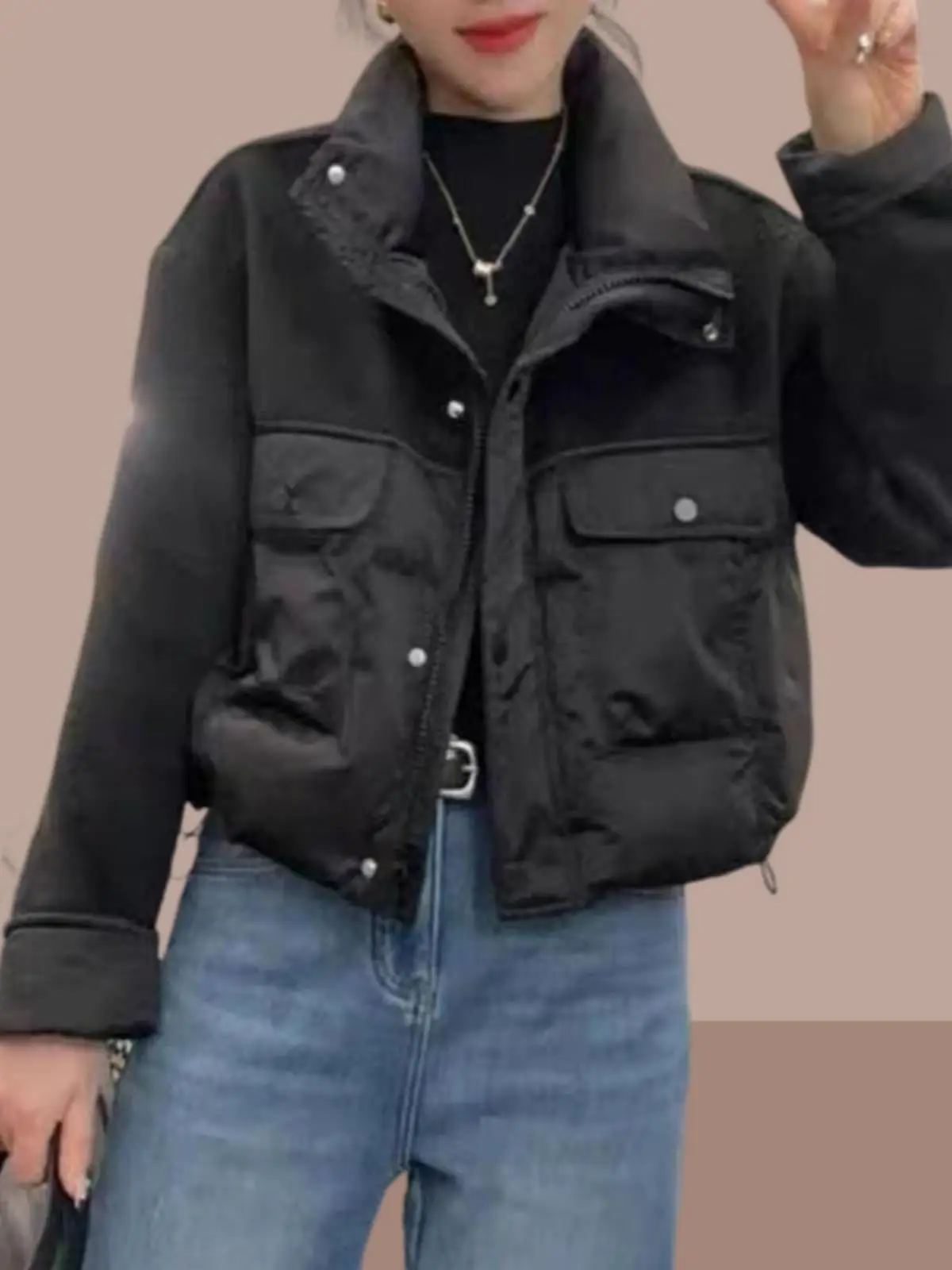 

Korean Style Casual Denim Patchwork Cotton Jacket Women's Thickened Warm Short Coat Small Size Autumn Winter Design Sense