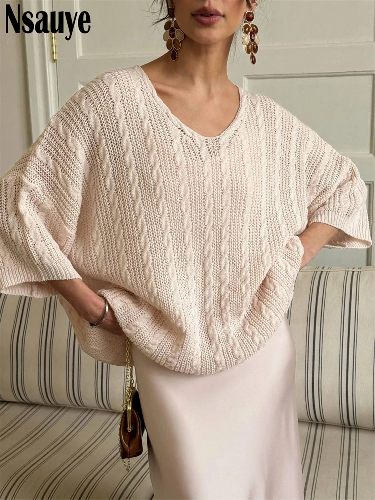 

Nsauye Knitted Casual Loose T Shirts Women Y2K Clothes Hollow Out Summer Short Sleevee Tees Fashion Elegant Ladies Tops 2026