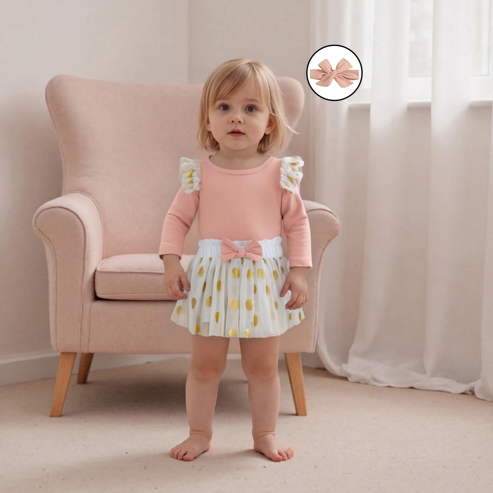 2026 ربيع الموضة طفل رضيع فتاة مجموعة ملابس طويلة الأكمام كشكش رومبير مع نقطة تول تنورة وعقال 3 قطعة وتتسابق