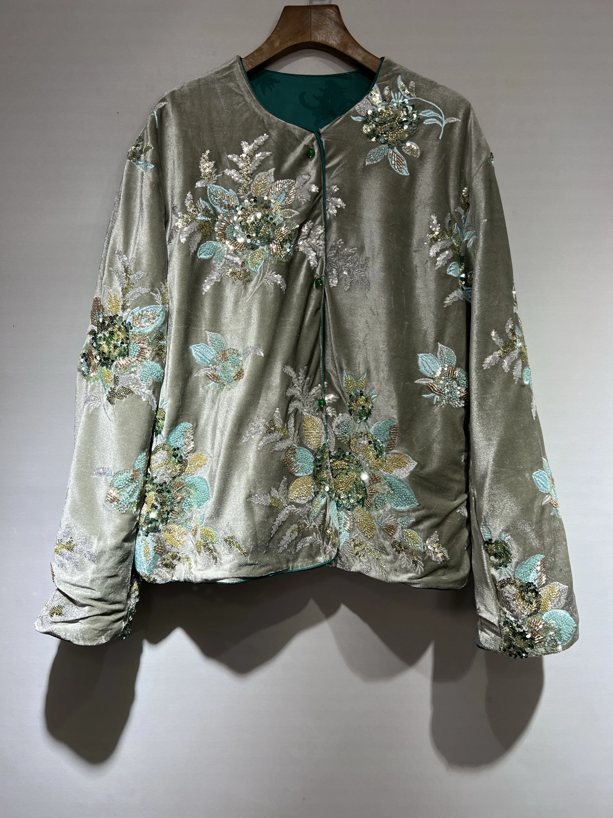 Flower Embroidered Sequined Jacket Women Heavy Industry Retro Green Beading Loose O Neck Long Sleeve Cardigan Coat Spring Autumn