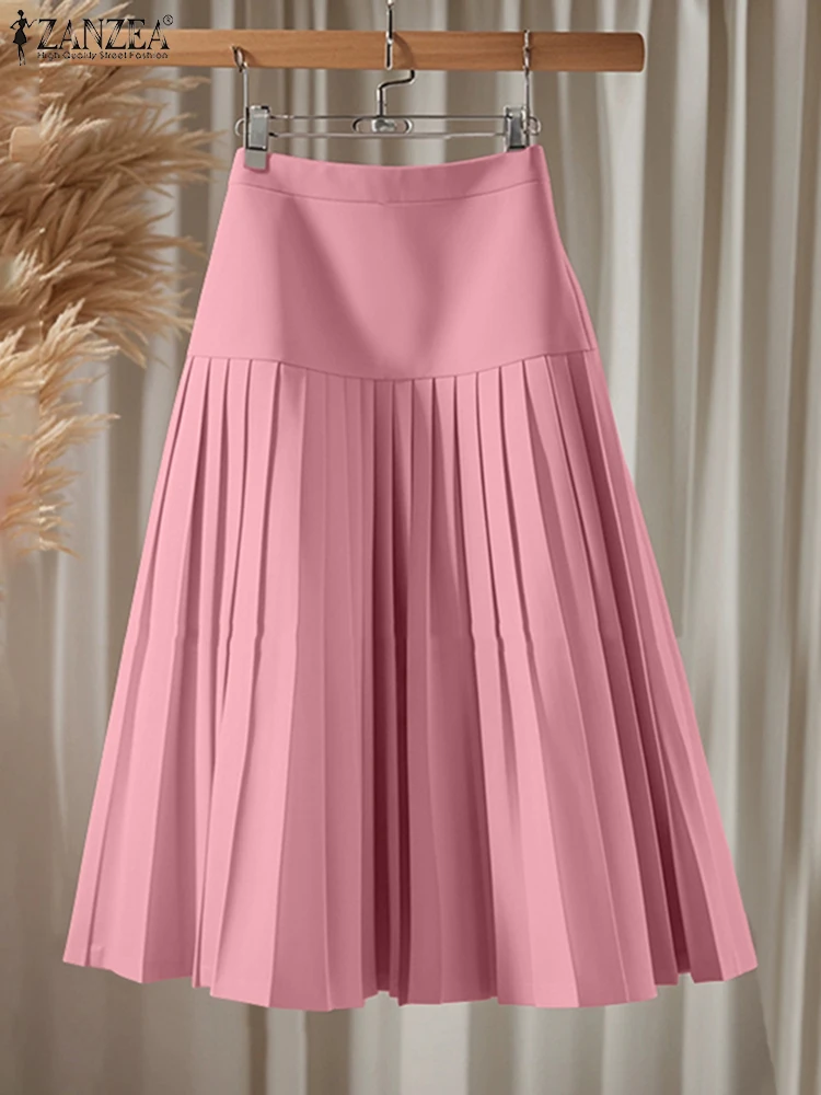

ZANZEA Elegant A-Line Pleated Skirts Women Fashion High Waist Patchwork Midi Faldas Mujer Office Commuting Solid Jupes Femme