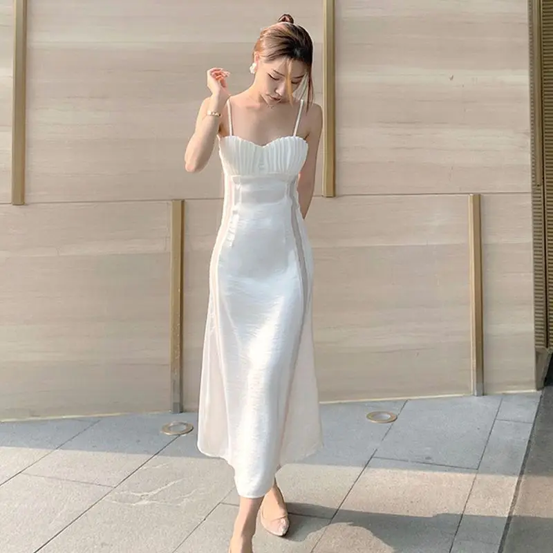 

Vacation Super Fairy White Pearlescent Satin Sexy Lace Stitching Sling Dress