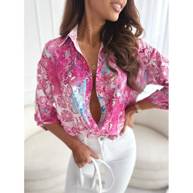 Women\'s Spring/Summer Leisure Print Shirt Fashion Flip Collar Button Elegant Commuter Long Sleeved Shirt Holiday Party Shirt