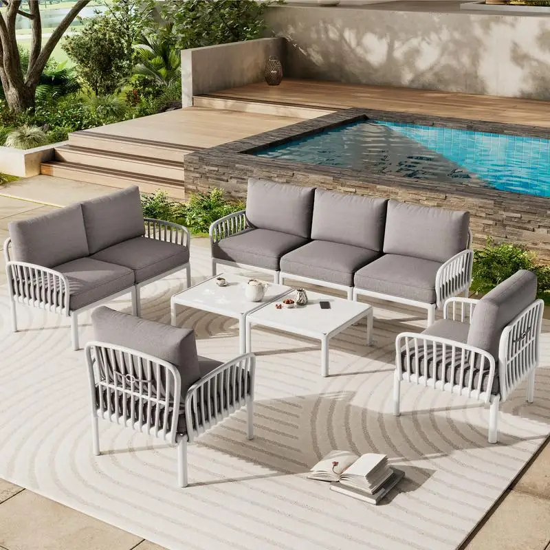 

9-Piece Patio Conversation Set, Modern Outdoor Sectional Furniture with 2 Square Coffee Tables, Waterproof Thick Cushions for
