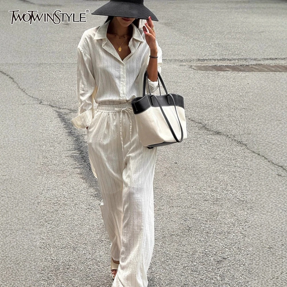 

TWOTWINSTYLE Beige Spliced Single Breasted Two Piece Set Female Lapel Long Sleeve Shirt Basics Women's Pants Set Summer Fashion