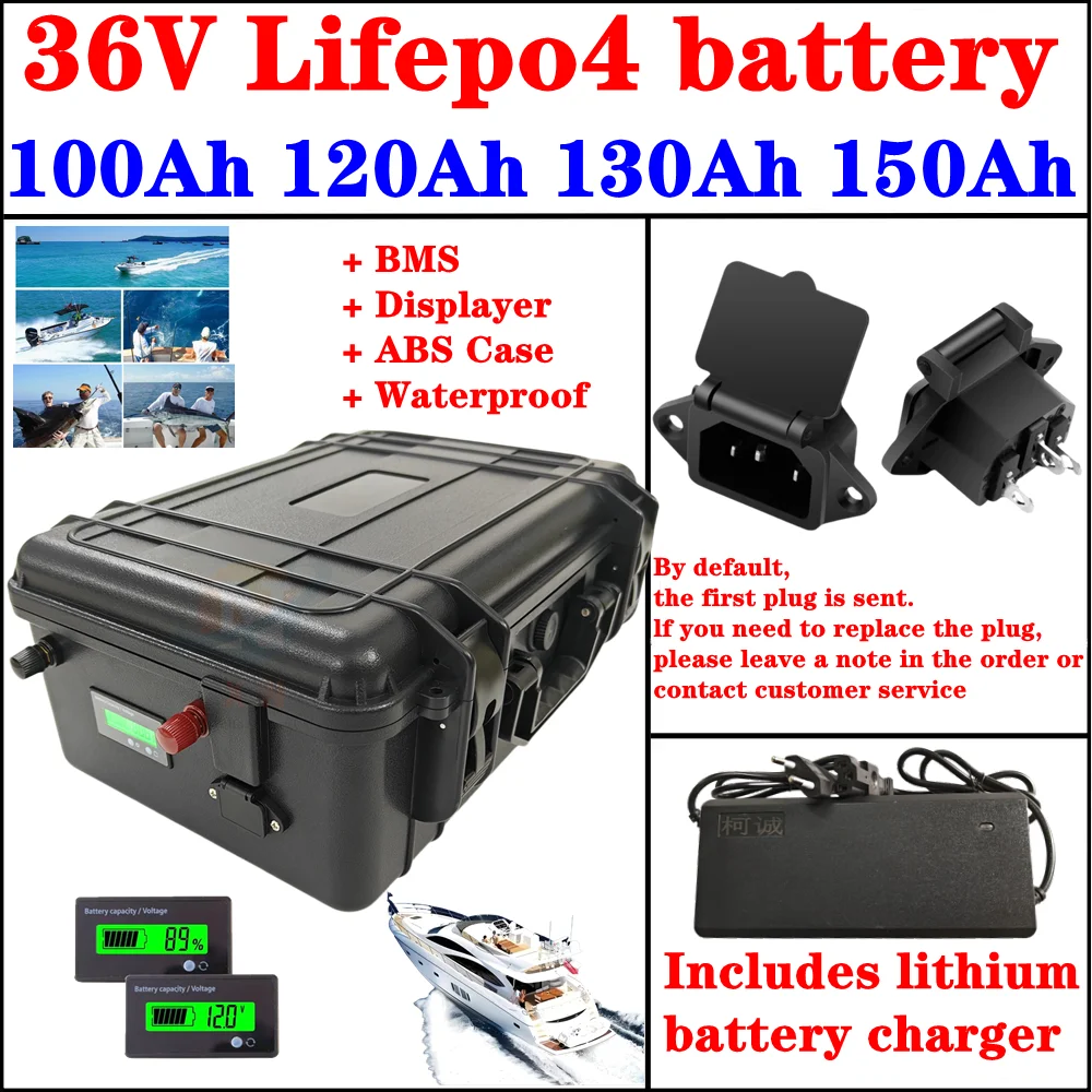 

Waterproof 36V 150Ah 100Ah 120Ah LiFepo4 lithium battery pack with BMS for fishing boats solar system motor EV RV+10A charger