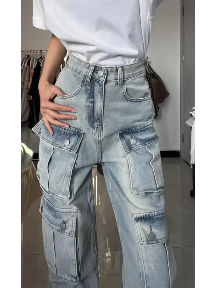

American Retro Multi-Pocket Light Blue Wide Leg Workwear Jeans Women's Summer Thin Extended Floor-Length Pants