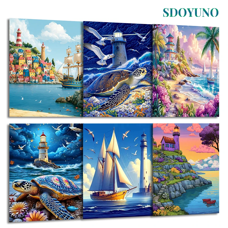 

SDOYUNO Painting By Number Adults New lighthouse Landscape Art Supplies Artwork Acrylic Paints Framed Wall Art Modern Room Decor