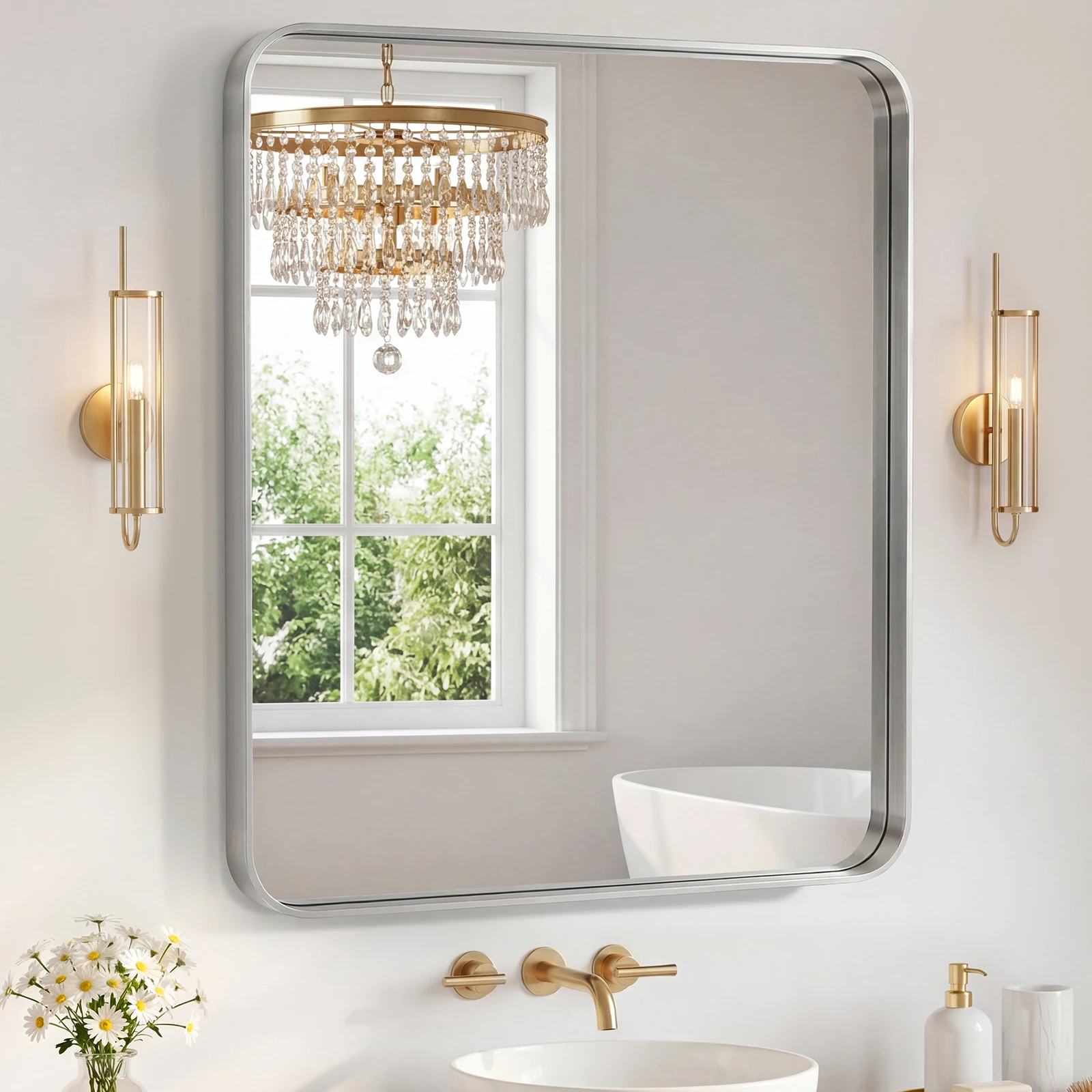 

Bathroom Mirror 35.83X39.76 Inch Black Metal Frame Rectangle Vanity Mirror with Rounded Corners, Modern Wall Mounted Anti-Rust Mirror for Farmhouse, Restroom, Entryway, Horizontal or Vertical Hanging