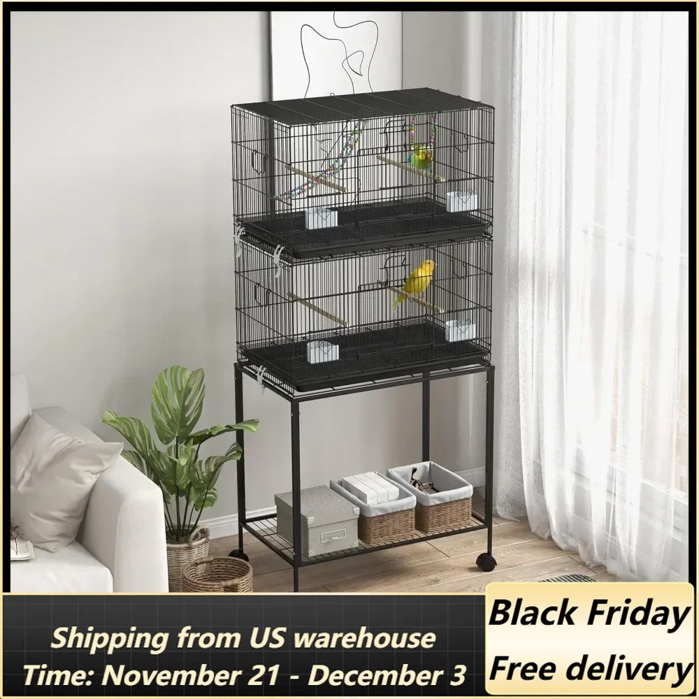 Double Stackable Bird Cage with Stand, Wooden Swing, Rope Ladder & Wheels for Canaries, Lovebirds Finches, Budgie Cage