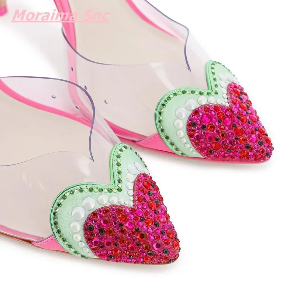 2025 Summer Sweet Women\'s Sandals Pointed Toe Diamond Love Leather Buckle Strap Cute Hollow PVC Comfortable Wedding Dress Shoes