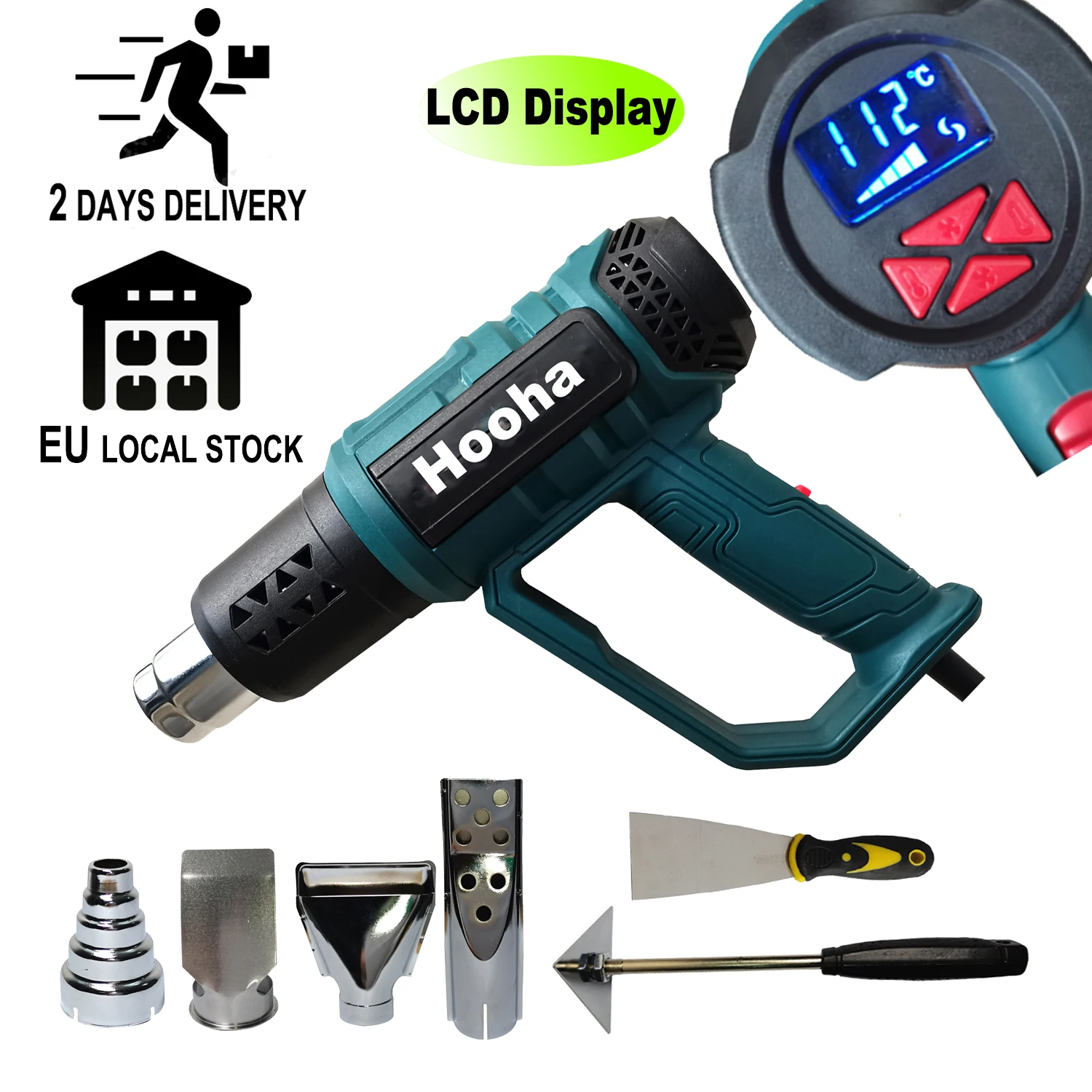 2000W Hot Air Gun Heat Gun LCD Digital Temperature Control  with 7 Nozzles for Shrinking, Wrapping, Soldering Pipes, Car Window