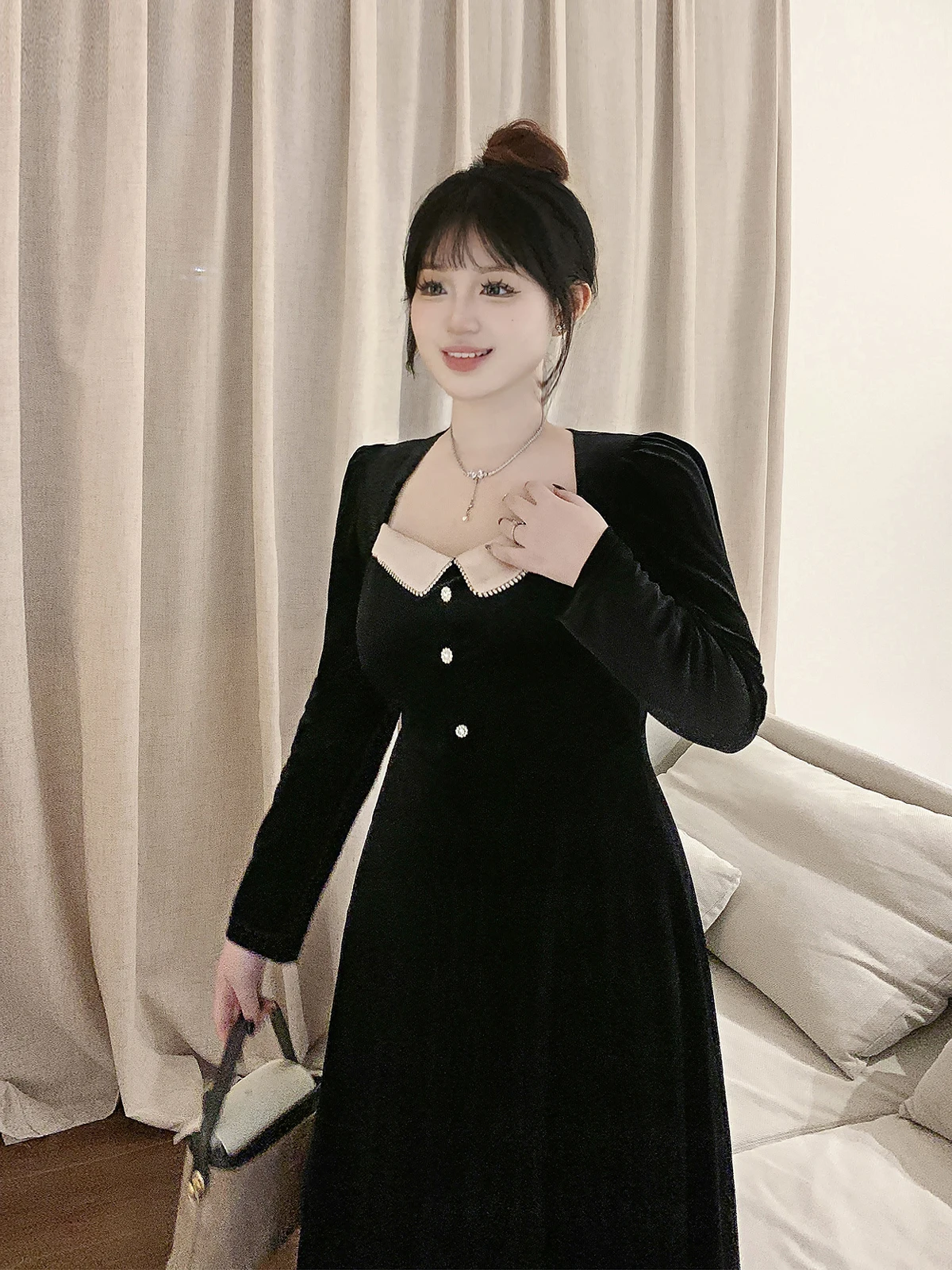 

Ele Velvet Little Bla Dr Hepburn Sle plus Size Women's Clothing Autumn High-End Sensation ort Dr Dr